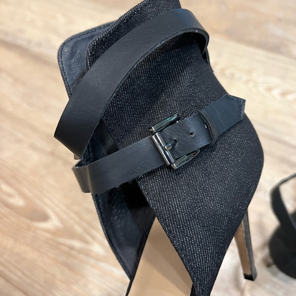 Joe’s Marcy Gray Denim High Back Crossed Front Heeled Sandal - Picture 10 of 16